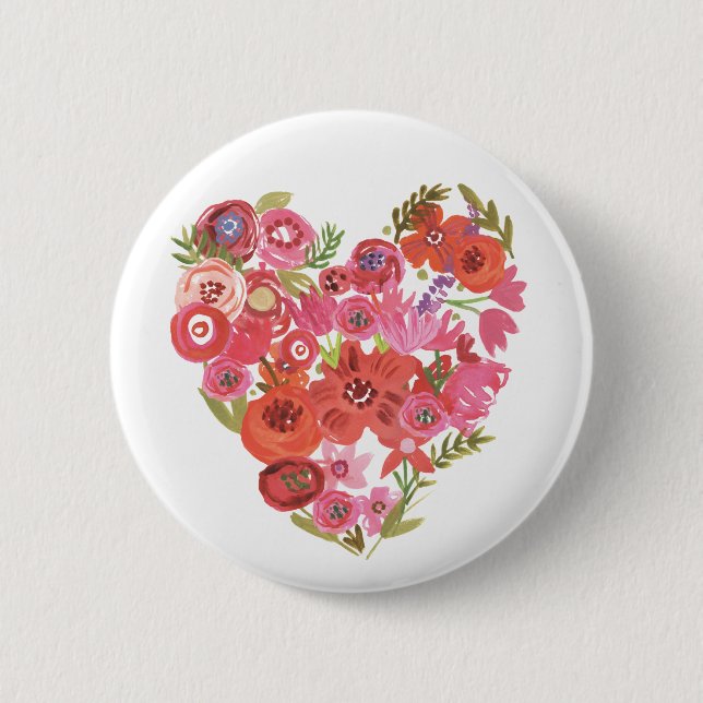 Macaron Rond 5 Cm Coeur floral | Valentine II chic d'aquarelle (Devant)
