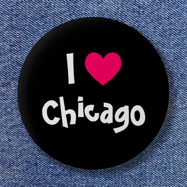 Macaron Rond 5 Cm Coeur noir blanc et rose J'aime Chicago (I Love Chicago Button)