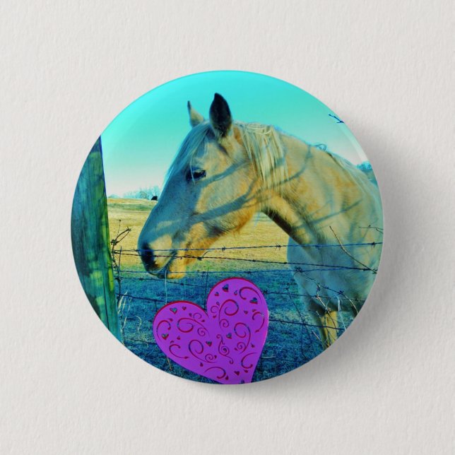 Macaron Rond 5 Cm Coeur rose et Cheval jaune (Devant)
