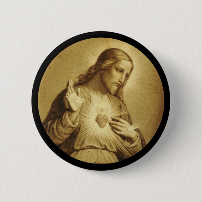 Macaron Rond 5 Cm Coeur sacré d'or avec Croix (Devant)