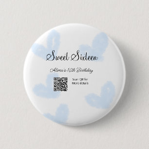 Macaron Rond 5 Cm Coeurs d'aquarelle bleu QR Sweet sixteen anniversa