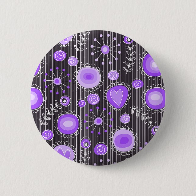 Macaron Rond 5 Cm Coeurs gris violet blanc et fleurs florales (Devant)