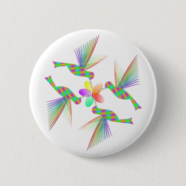 Macaron Rond 5 Cm Colibris Arc-En-Ciel Embrasser Une Fleur (Devant)