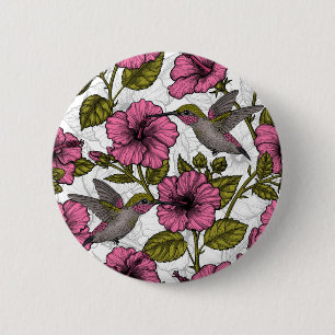 Macaron Rond 5 Cm Colibris et fleurs d'hibiscus roses