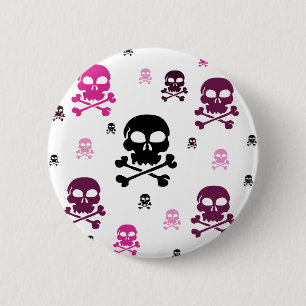 Macaron Rond 5 Cm Collage de crânes de bande dessinée - rose