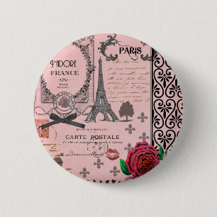 Macaron Rond 5 Cm Collage vintage Pink Paris