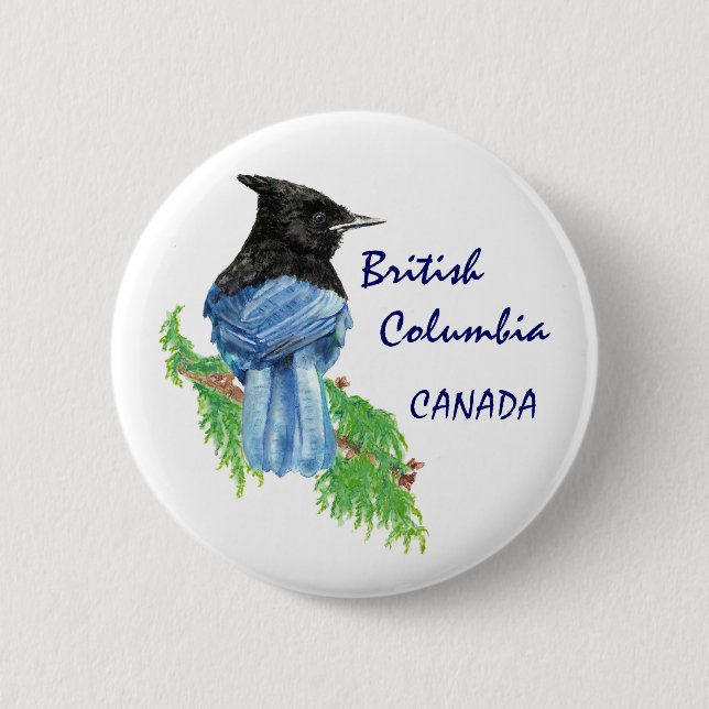 Macaron Rond 5 Cm Colombie-Britannique Canada Aquarelle Stellar Jay (Devant)