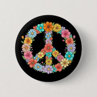 Macaron Rond 5 Cm Colorful Floral Peace Sign Hippie Retro Flower