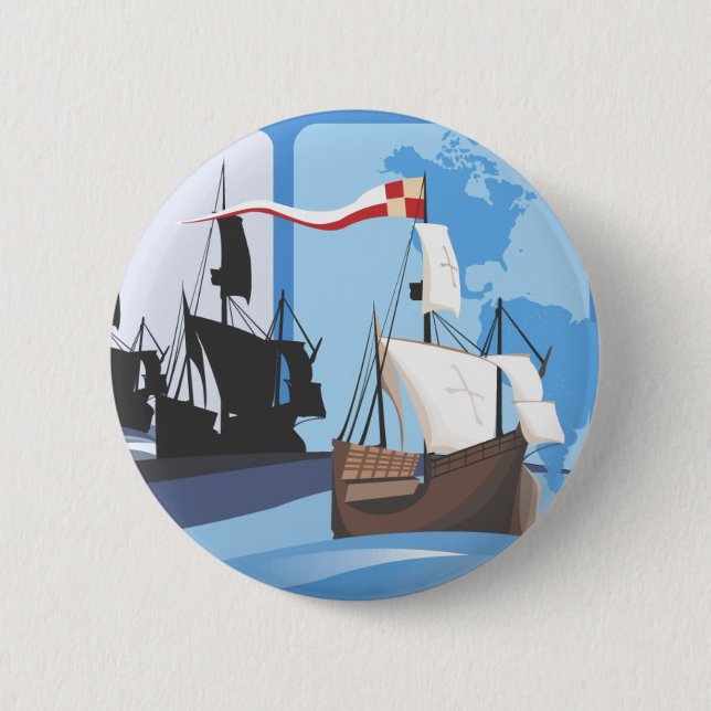 Macaron Rond 5 Cm Columbus Sailing the Ocean Blue - (Devant)