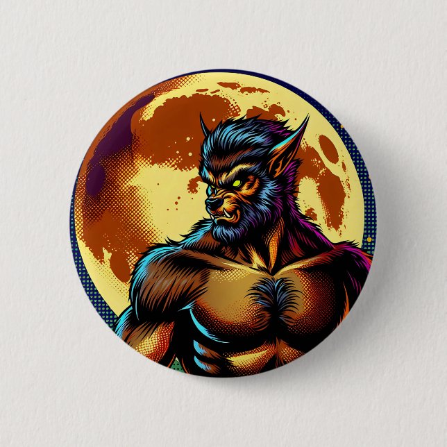 Macaron Rond 5 Cm Comic Book Style Werewolf devant la Pleine lune (Devant)