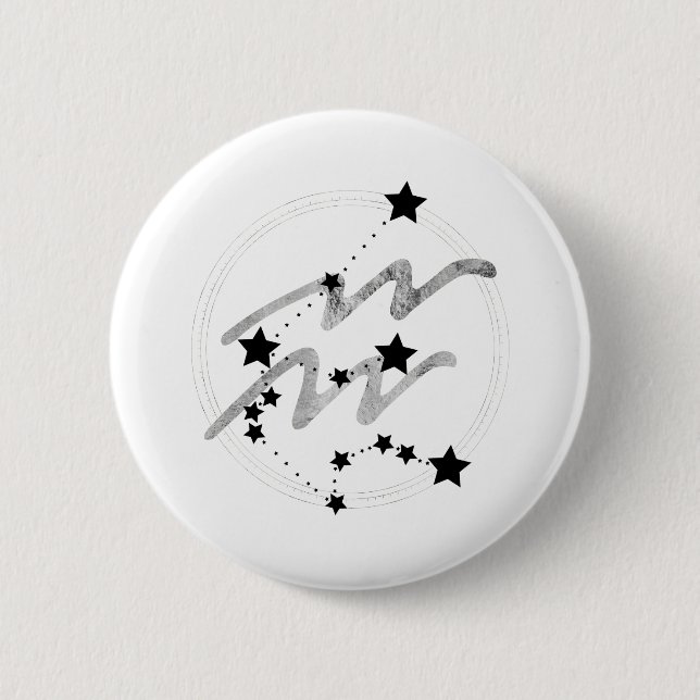Macaron Rond 5 Cm constellation de zodiac Aquarius noir et argent (Devant)