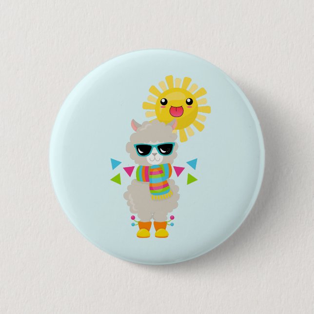 Macaron Rond 5 Cm Cool Llama et souriant Kawaii Sun (Devant)