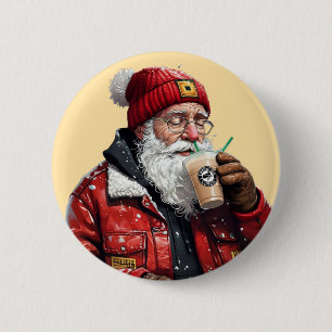 Macaron Rond 5 Cm Cool Père Noël Boire du café glacé Art de Noël