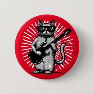 Macaron Rond 5 Cm Cool Rock Et Rouleau Chat Jouer Guitare Électrique