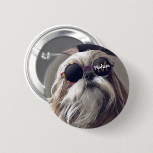 Macaron Rond 5 Cm Cool Shih Tzu vintage lunettes rétro Monogramme ph