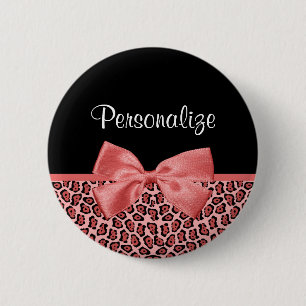 Macaron Rond 5 Cm Corail et Jaguar noir Imprimer Cute Bow avec nom