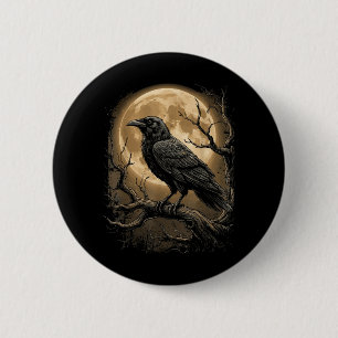 Macaron Rond 5 Cm Corbeau noir gothique Lune sombre forêt oiseau