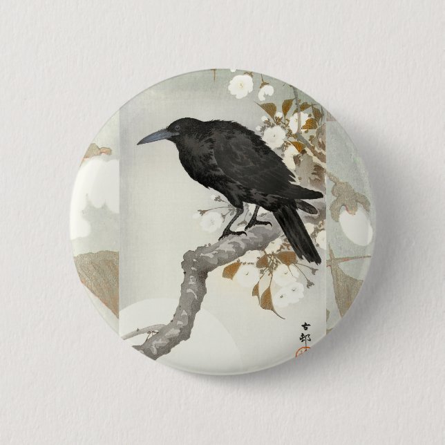 Macaron Rond 5 Cm Corbeau Raven Koson Oiseau japonais (Devant)