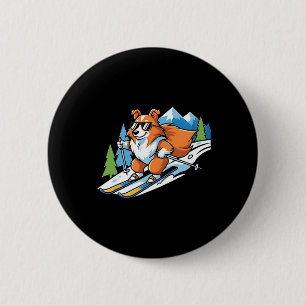 Macaron Rond 5 Cm Corgi alpin sur skis Lunettes de soleil cool Scène