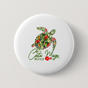 Macaron Rond 5 Cm Costa Maya Mexique Tortue de mer Hibiscus Tropical