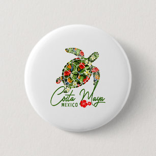 Macaron Rond 5 Cm Costa Maya Mexique Tortue de mer Hibiscus Tropical