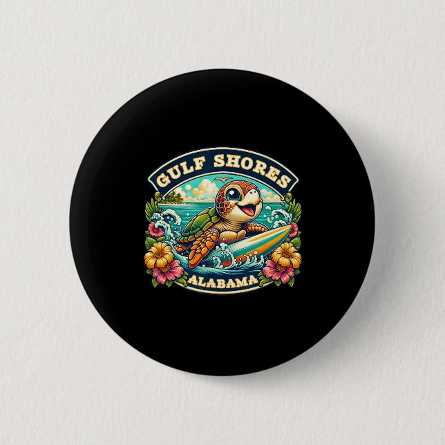 Macaron Rond 5 Cm Côte du Golfe Alabyma Cute Sea Turtle Surf (Devant)