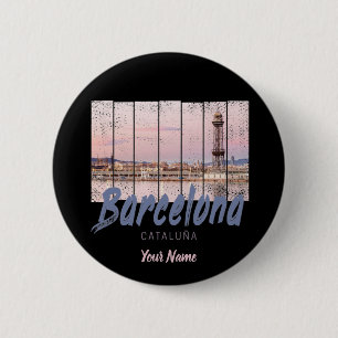 Macaron Rond 5 Cm coucher de soleil de Barcelone Catalogne Skyline E