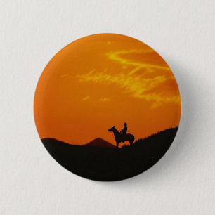 Macaron Rond 5 Cm Coucher de soleil orange avec silhouette Cowboy