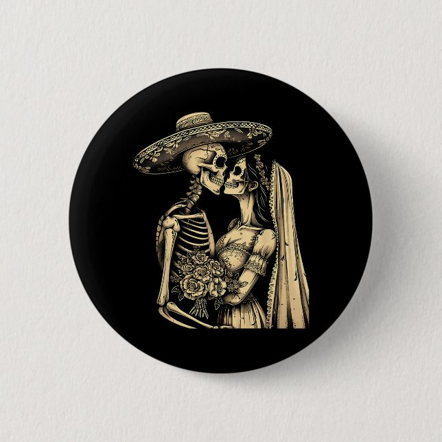 Macaron Rond 5 Cm Couple Crâne de Sucre Dia De Muertos Mariée Squele (Devant)