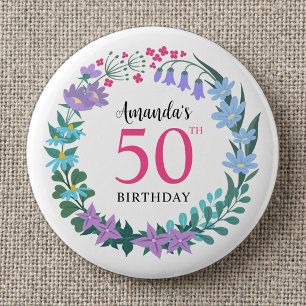 Macaron Rond 5 Cm Couronne de fleurs bleues estivales pour fête d'an