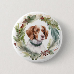 Macaron Rond 5 Cm Couronne de Noël Brittany Spaniel Chien festif