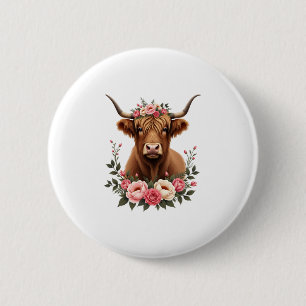 Macaron Rond 5 Cm Couronne florale vintage vache des Highlands Bohèm