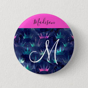 Macaron Rond 5 Cm Couronnes de sirène en glitter rose vif monogramme