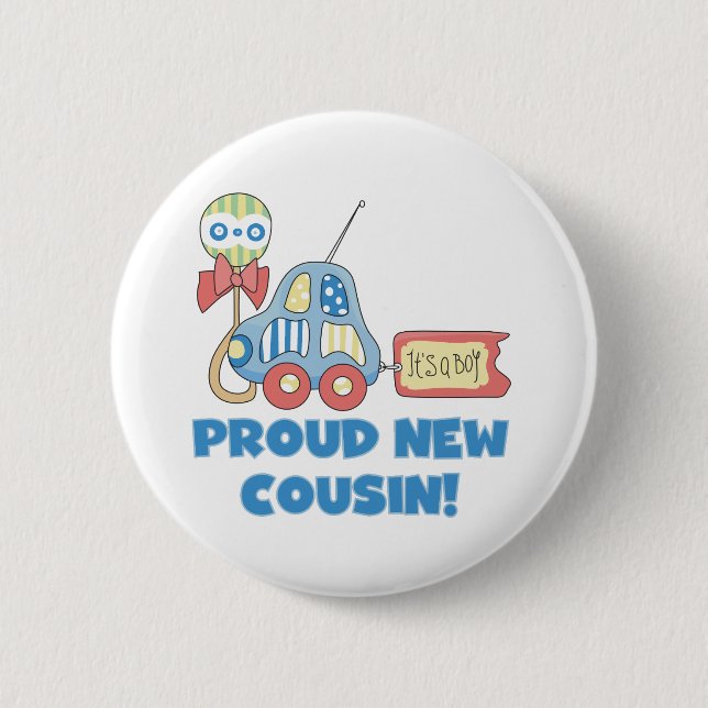Macaron Rond 5 Cm Cousin fier de voiture nouveau c'est un garçon (Devant)