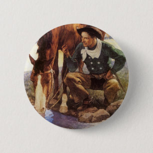 Macaron Rond 5 Cm Cowboy arroser son cheval par NC Wyeth, Art Vintag