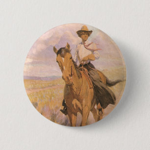 Macaron Rond 5 Cm Cowgirl vintage Cowboy, Femme à cheval par Dunton