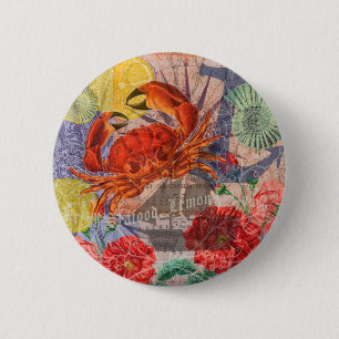 Macaron Rond 5 Cm Crabe Plage Nautique Art de la mer