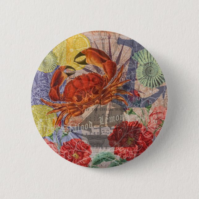 Macaron Rond 5 Cm Crabe Plage Nautique Art de la mer (Devant)