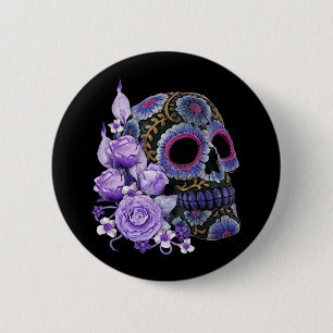 Macaron Rond 5 Cm Crâne de sucre noir violet Floral Jour des morts