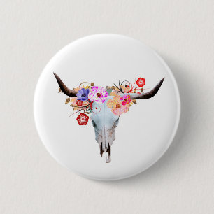 Macaron Rond 5 Cm Crâne floral rustique de Boho Longhorn
