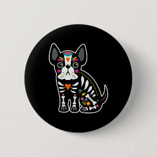 Macaron Rond 5 Cm Crâne Mexicaine Chien-taureau Français Jour D'Hall