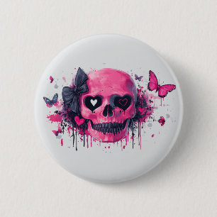 Macaron Rond 5 Cm Crâne rose avec papillons et coeurs