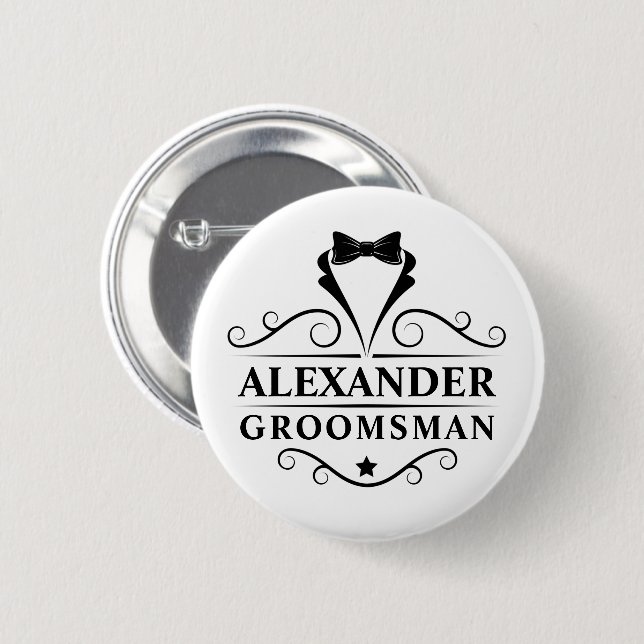 Macaron Rond 5 Cm Cravate noire Groomsman (Devant & derrière)
