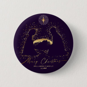 Macaron Rond 5 Cm Crèche de Noël Violet Or Nom Personnalisé