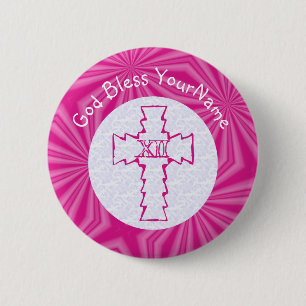 Macaron Rond 5 Cm Croix chrétienne rose vif en zig-zag sur fond blan