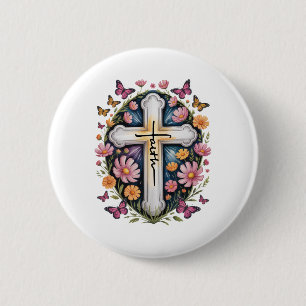 Macaron Rond 5 Cm Croix de foi florale 