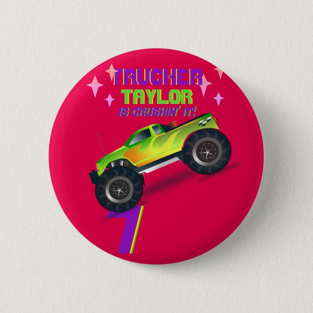 Macaron Rond 5 Cm Crusher It MONSTER TRUCK ROSE NOM D'ÂGE Anniversai (Devant)