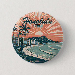 Macaron Rond 5 Cm Custom Hawaii Honolulu Waikiki Beach Retro Travel