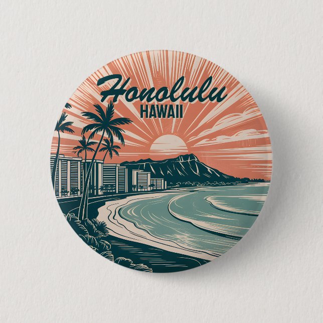Macaron Rond 5 Cm Custom Hawaii Honolulu Waikiki Beach Retro Travel (Devant)
