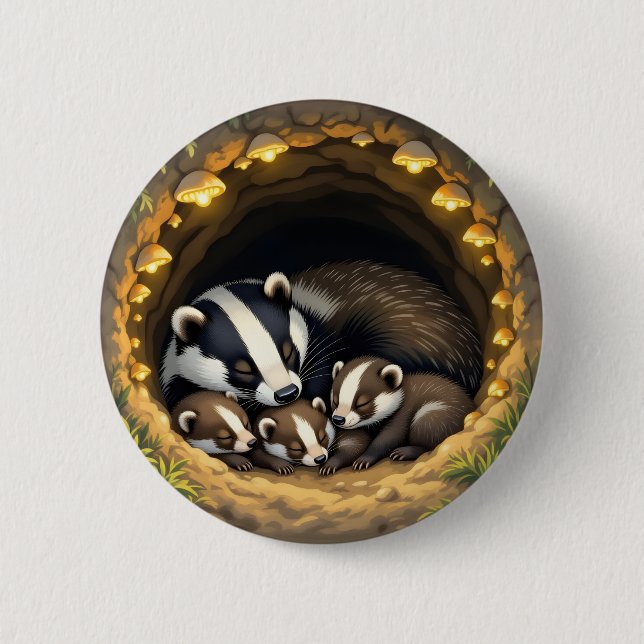 Macaron Rond 5 Cm Cute Badger Family Napping (Devant)